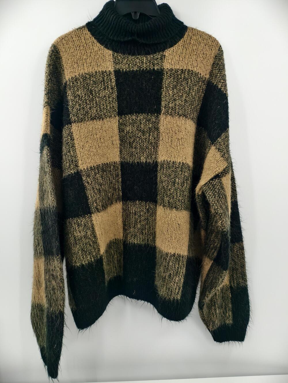 ASOS DESIGN Sweater Mens XL Brown Black Check Turtleneck Fuzzy Knit Pullover